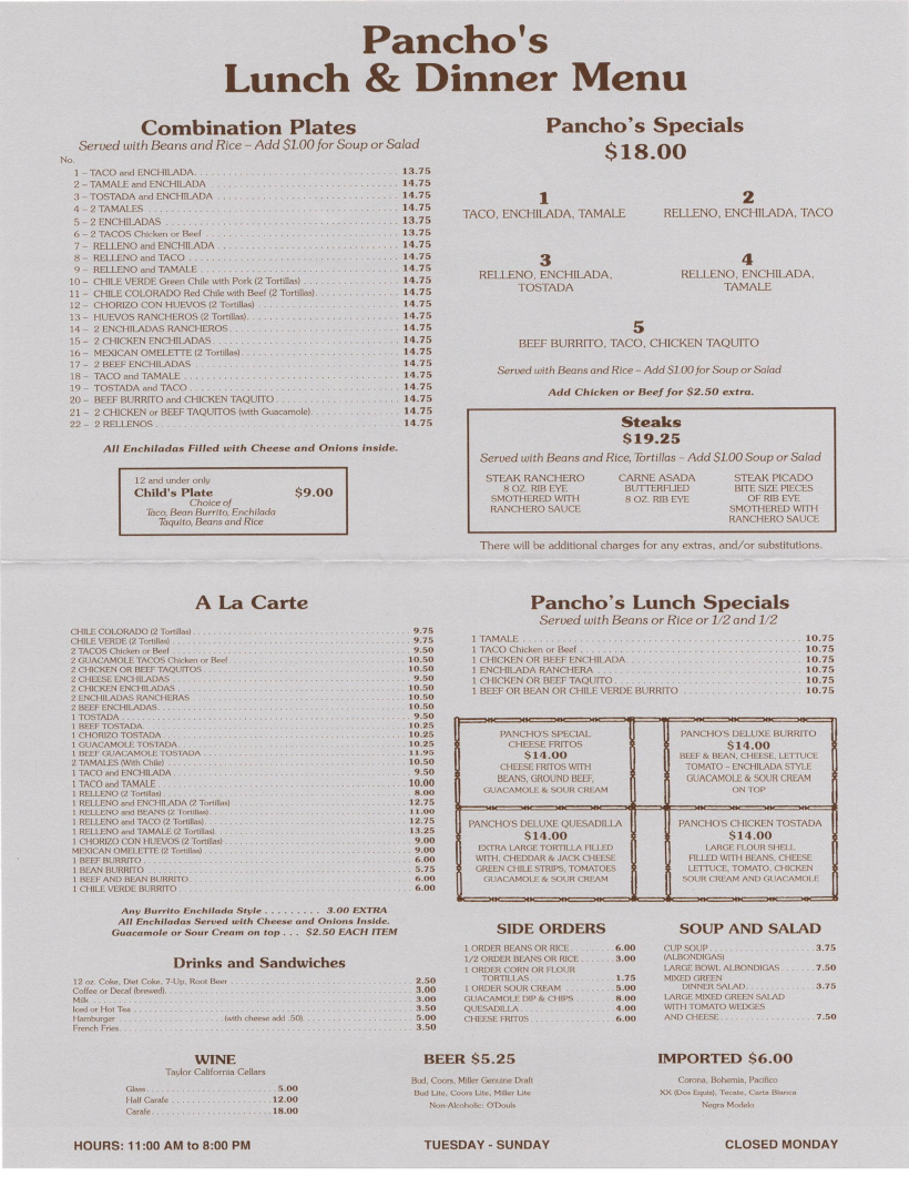 Pancho's Mexican Restaurant Menu